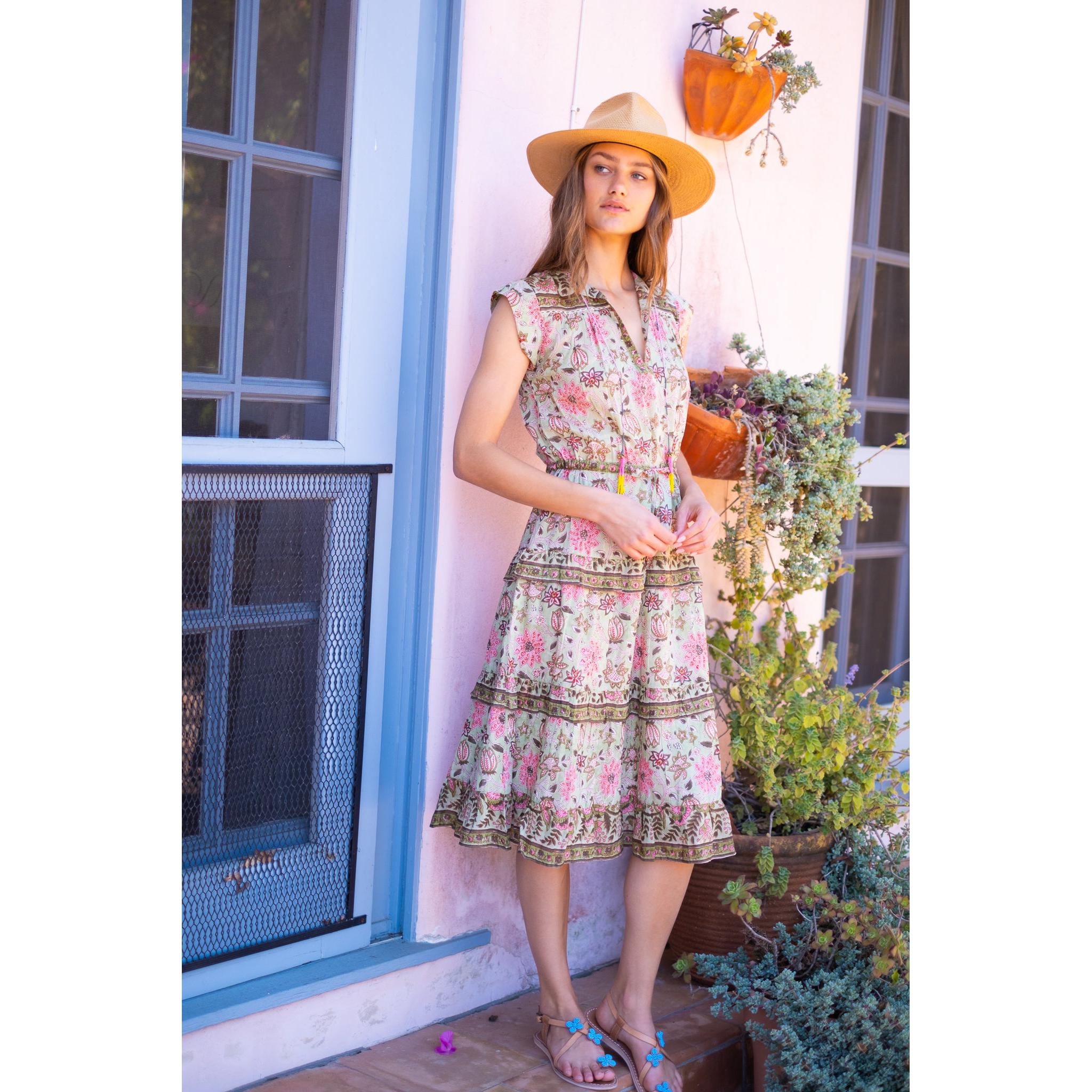 AUDRINA MIDI DRESS IN MINT AND PINK FLORAL