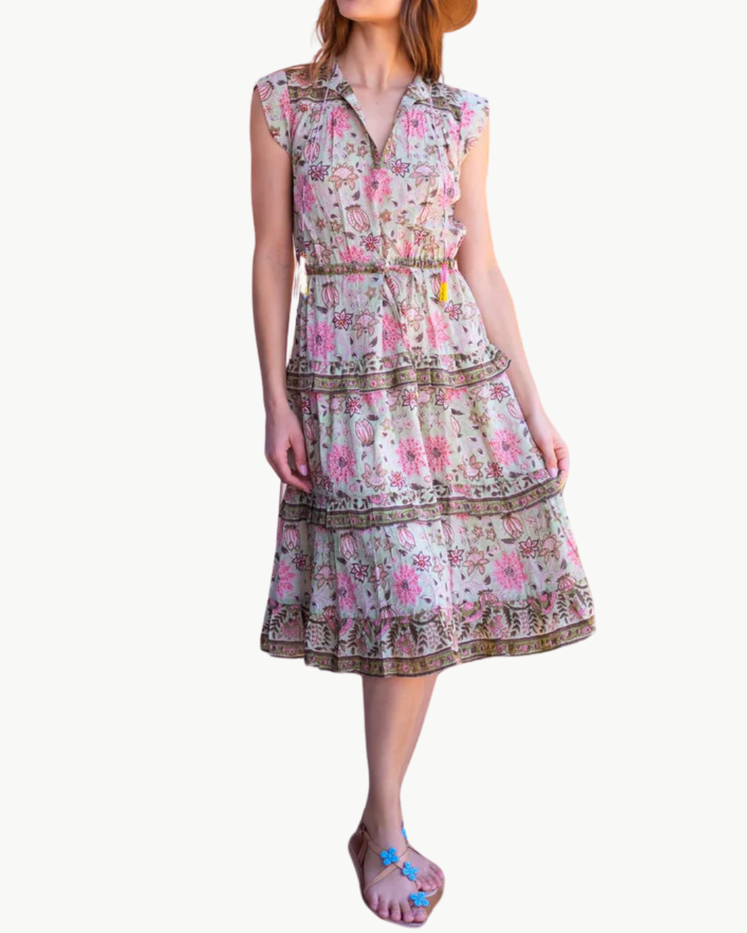 AUDRINA MIDI DRESS IN MINT AND PINK FLORAL