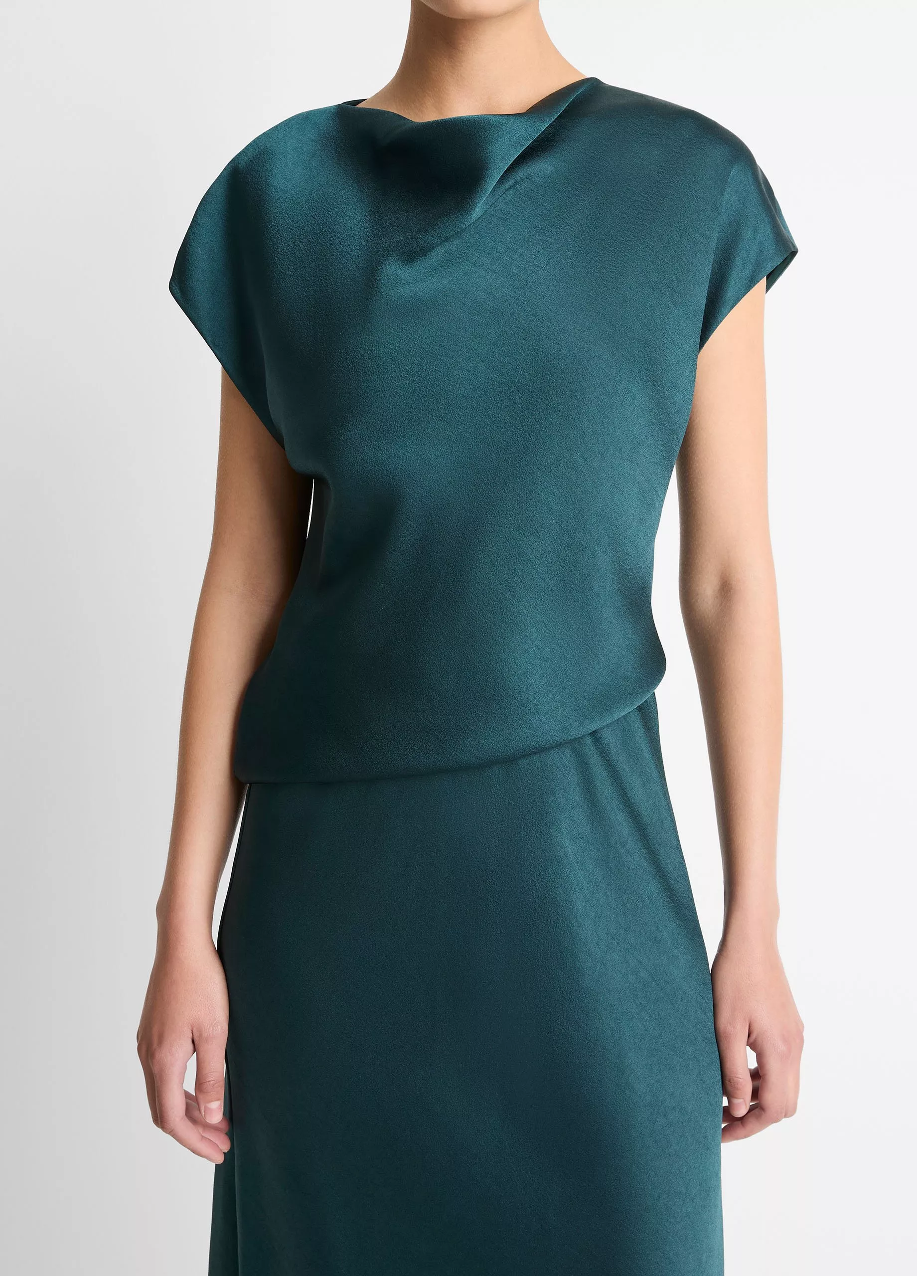 DRAPED SATIN COWL-NECK DRESS IN JUNIPER