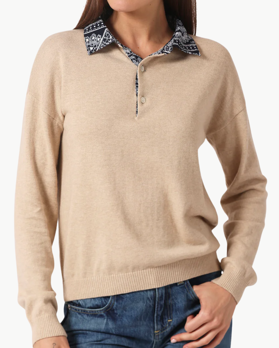COTTON CASHMERE WOVEN BANDANA COLLAR PULLOVER IN BROWN SUGAR